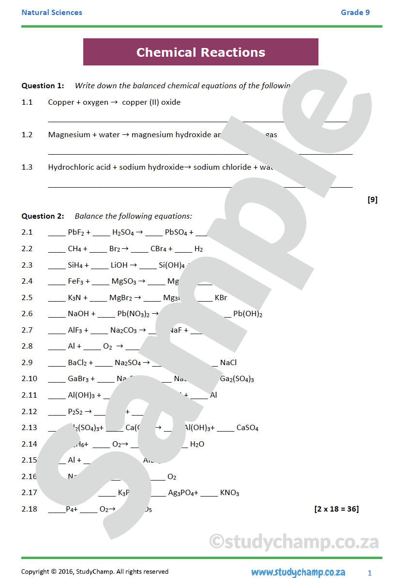 Grade 9 Natural Sciences Test: Chemical Reactions