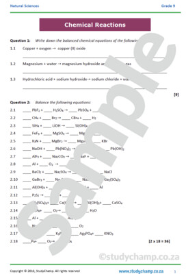Grade 9 Natural Sciences Test: Chemical Reactions