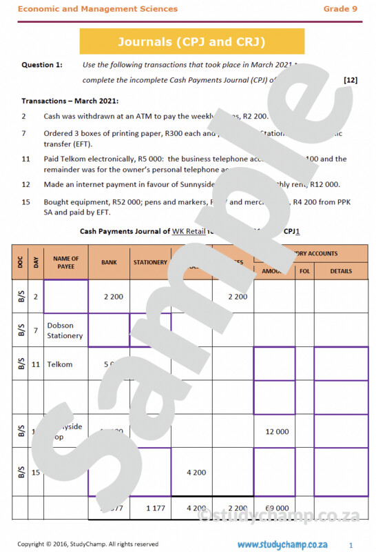 Grade 9 EMS Test: Journals - trading businesses