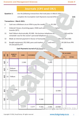 Grade 9 EMS Test: Journals - trading businesses