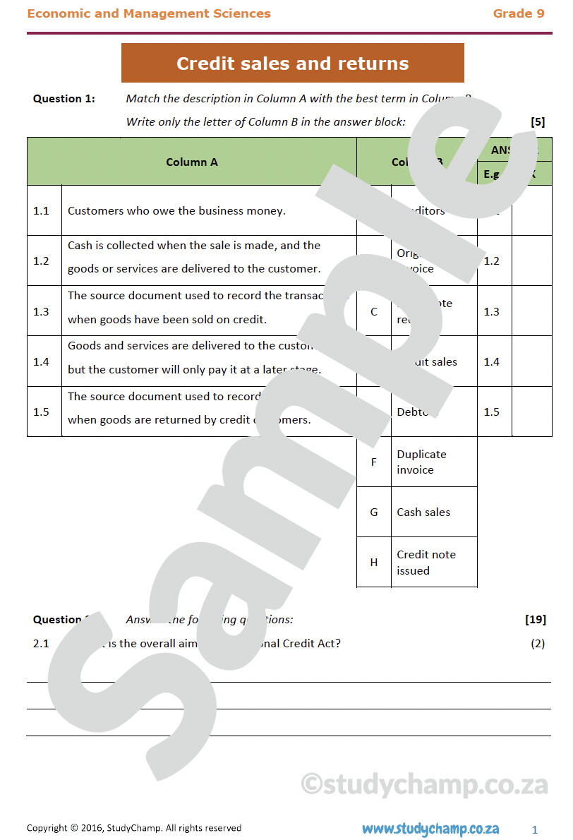 Grade 9 EMS Test: Credit Sales and Returns