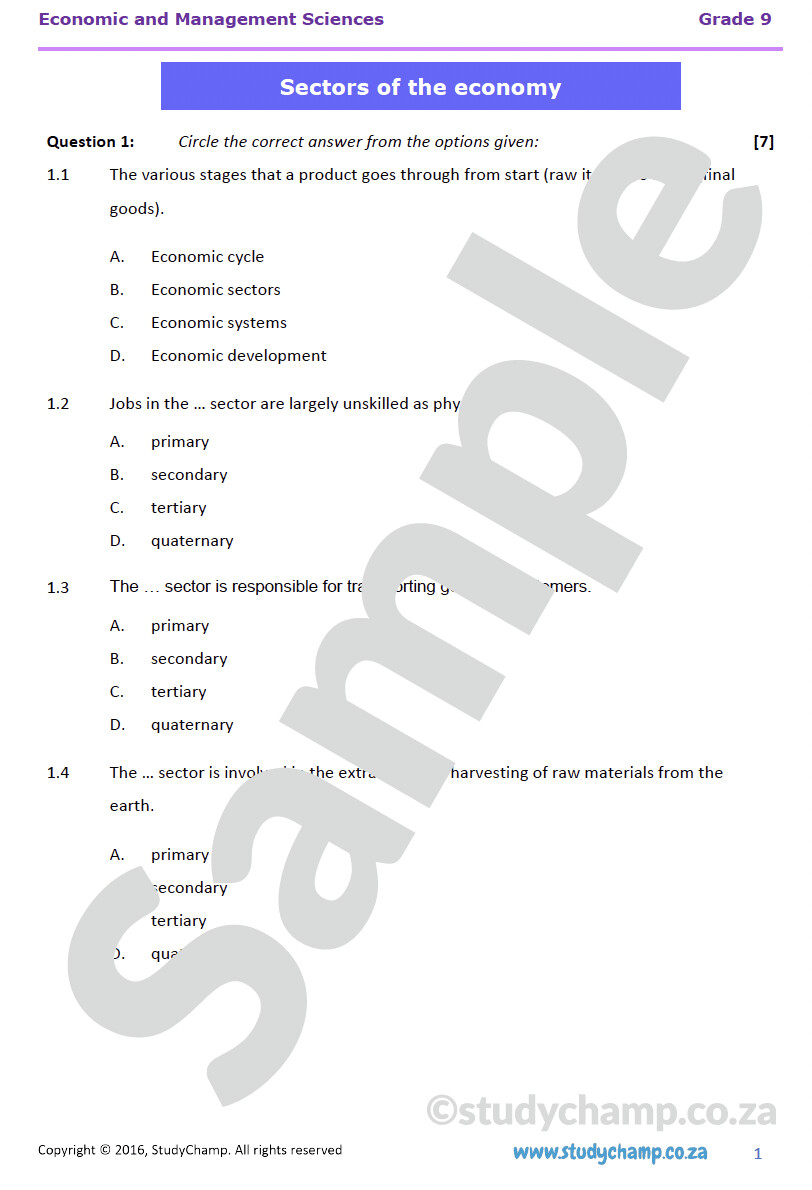 Grade 9 EMS Test: Sectors of the Economy