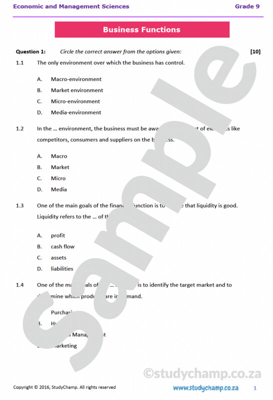 Grade 9 EMS Test: Business Functions