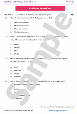 Grade 9 EMS Test: Business Functions