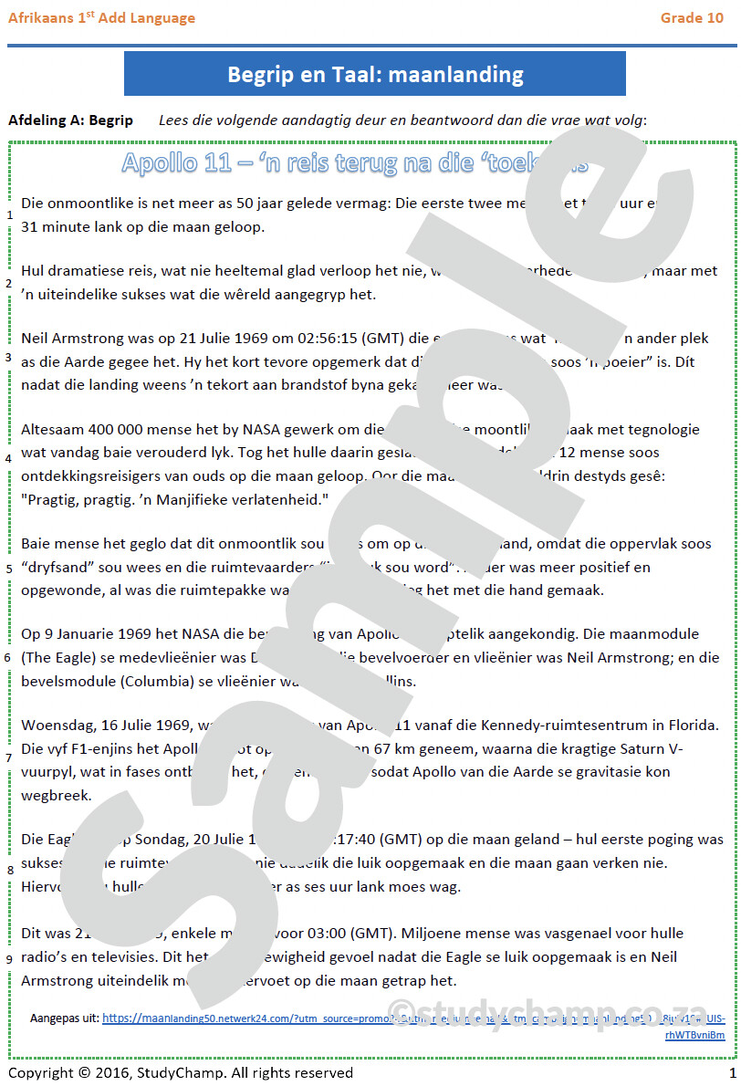 Grade 10 Afrikaans: Begrip en Taal - Maanlanding