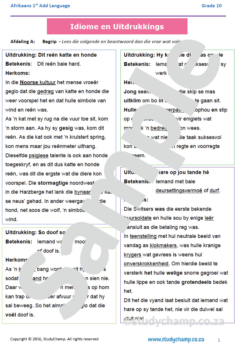 Grade 10 Afrikaans: Begrip en Taal - Uitdrukkings