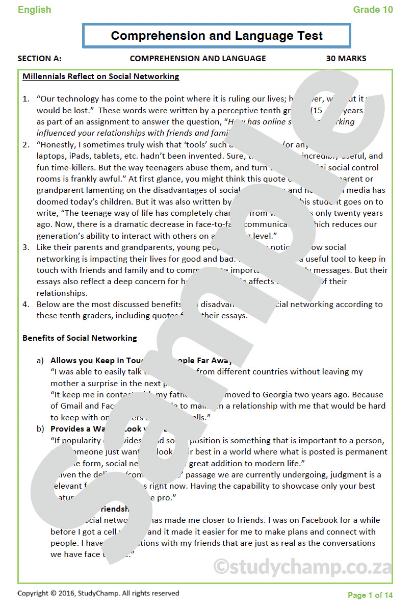 Grade 10 English: Comprehension and Language - Social Media