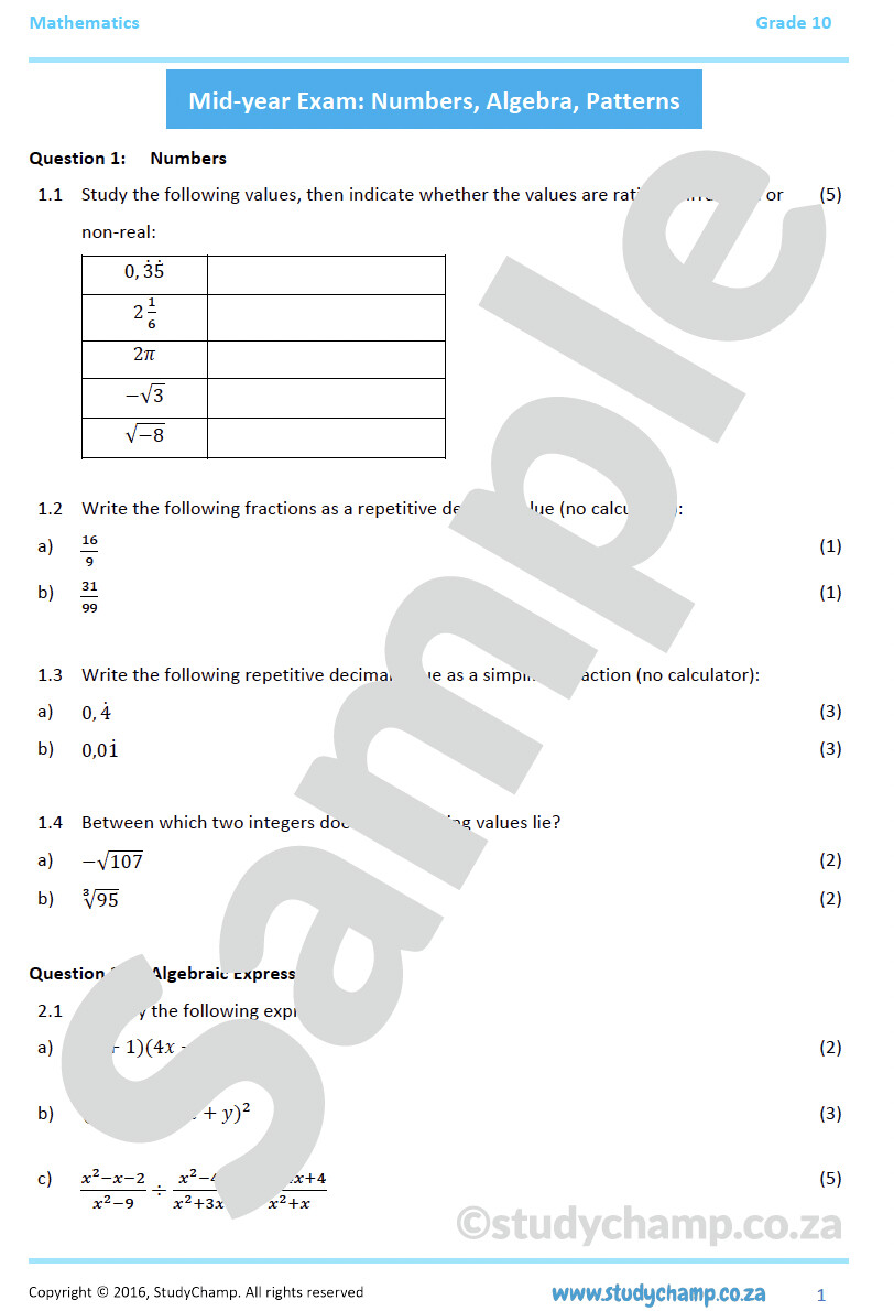 Grade 10 Mathematics Mid-year Exam Revision: Workbook 1
