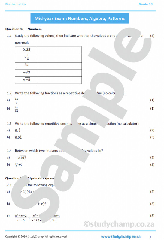Grade 10 Mathematics Mid-year Exam Revision: Workbook 1