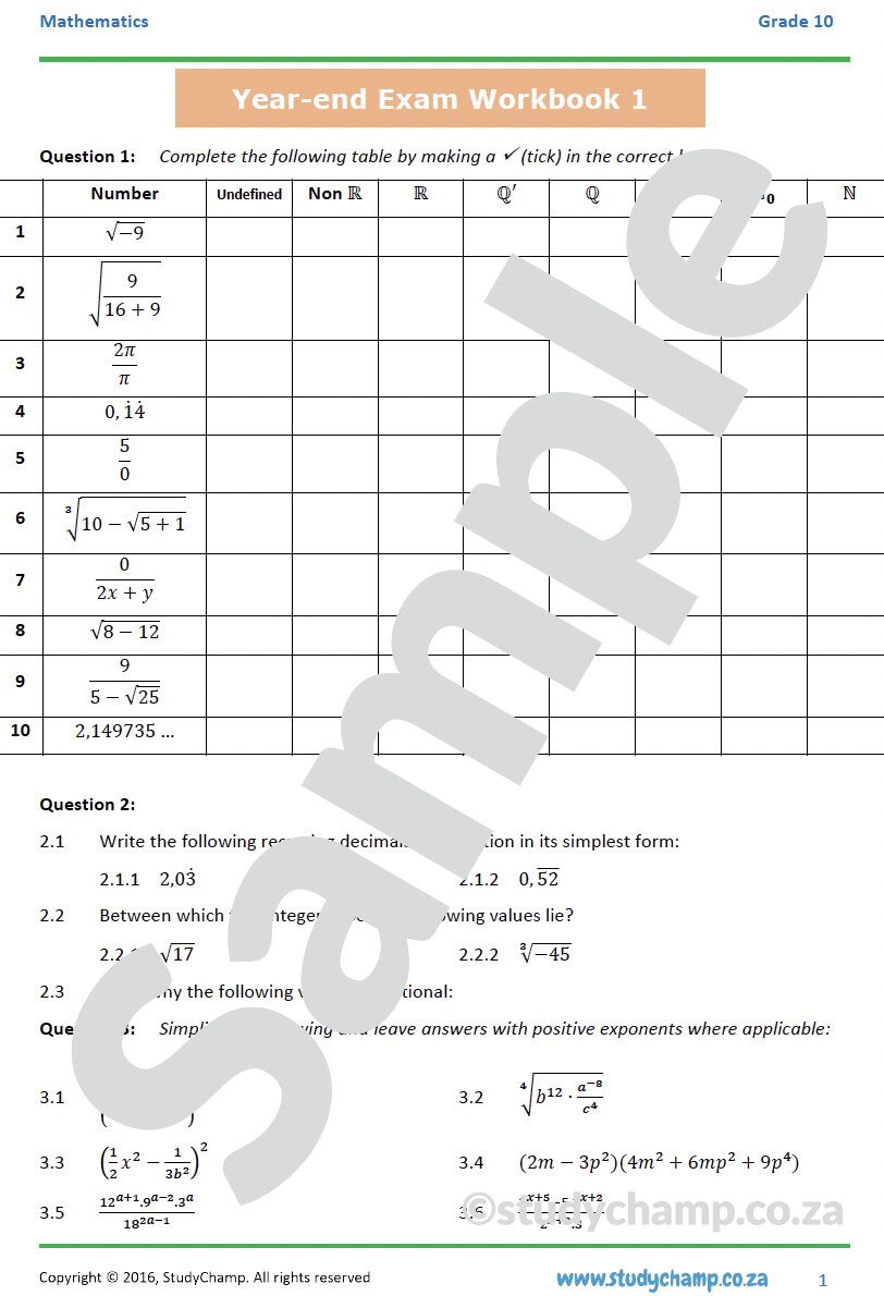 Grade 10 Mathematics Year-end Exam Revision: Workbook 1