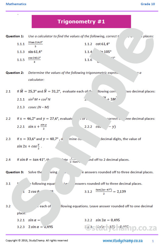 Grade 10 Mathematics Workbook: Trigonometry 1