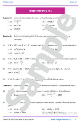 Grade 10 Mathematics Workbook: Trigonometry 1