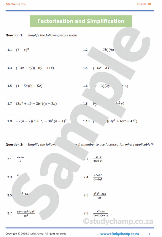 Grade 10 Mathematics Workbook: Factorisation and Simplification