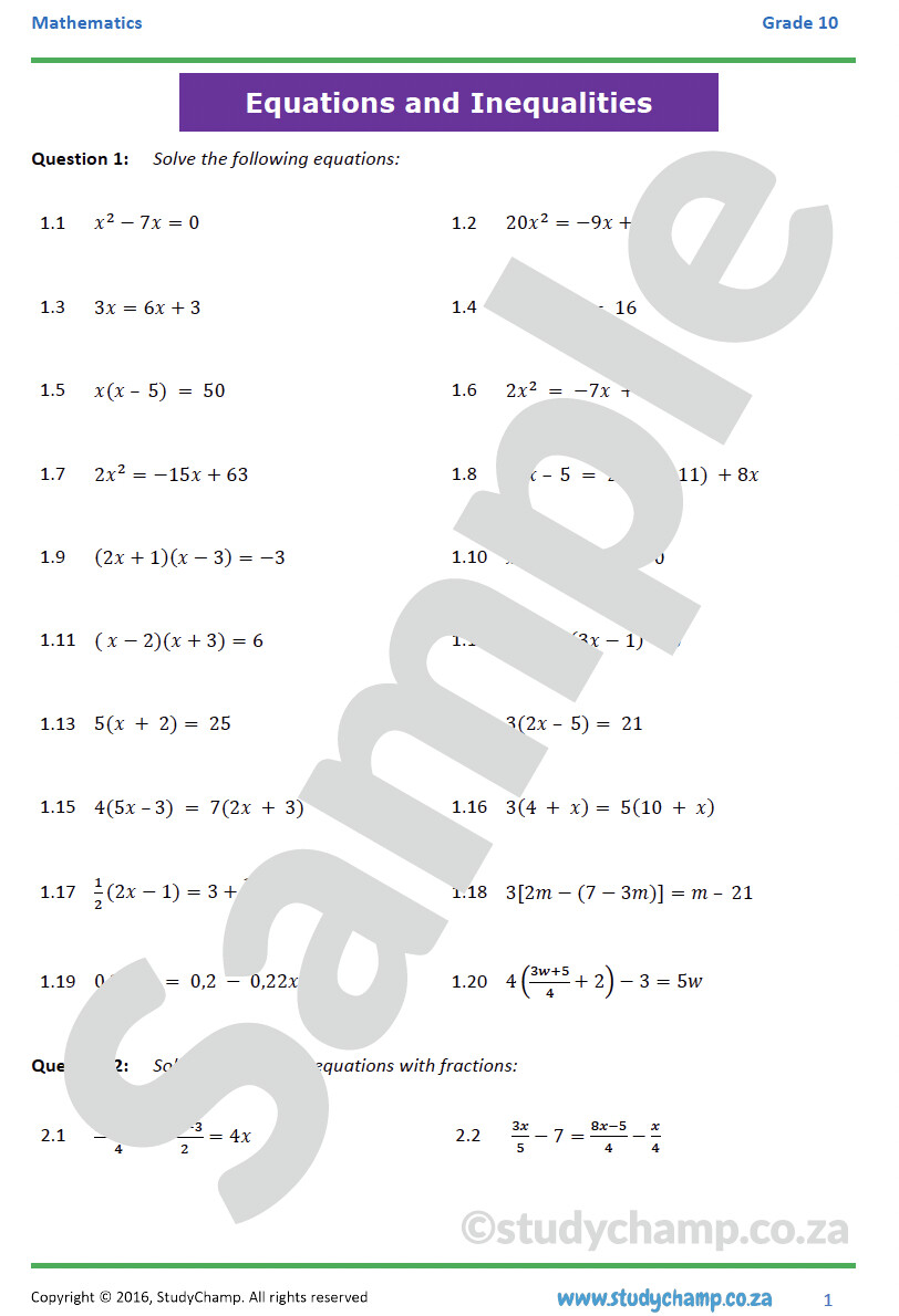 Grade 10 Mathematics Workbook: Equations and Inequalities