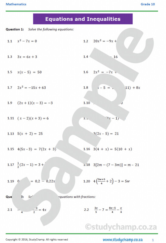 Grade 10 Mathematics Workbook: Equations and Inequalities