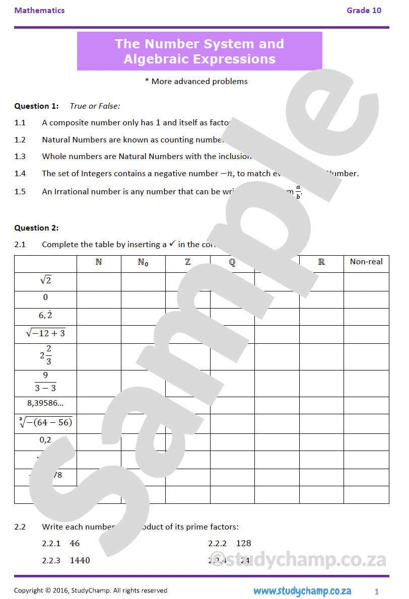 Grade 10 Mathematics Workbook: Numbers and Expressions