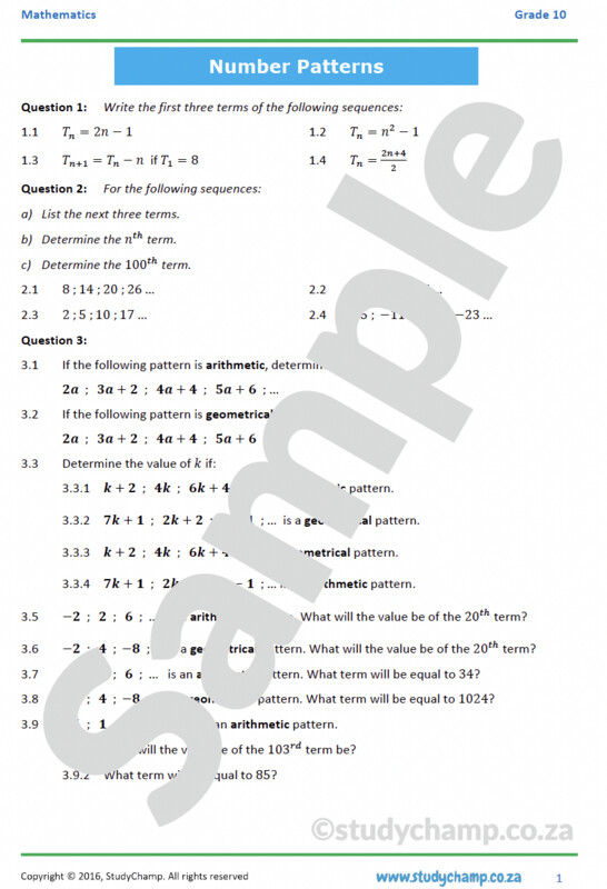 Grade 10 Mathematics Workbook: Number Patterns