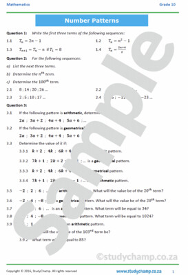 Grade 10 Mathematics Workbook: Number Patterns