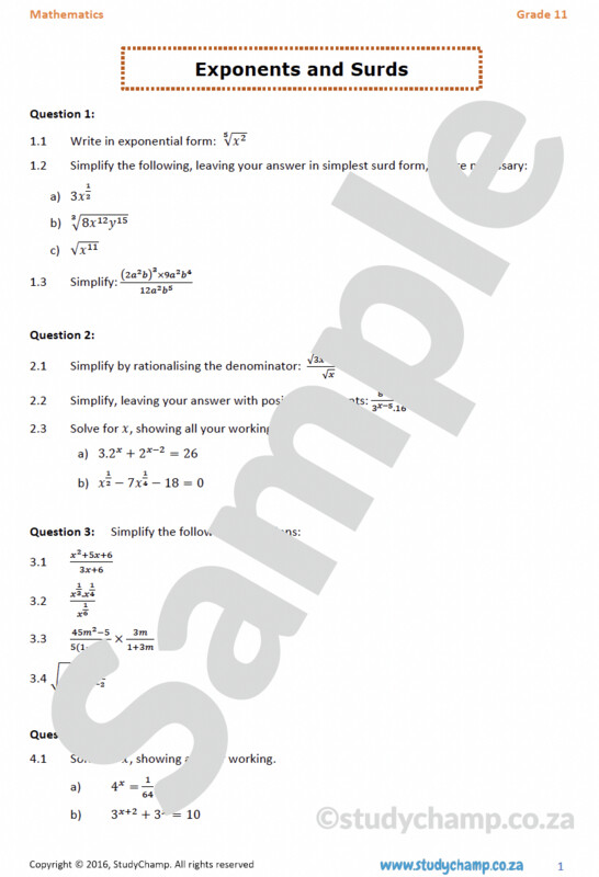 Grade 11 Mathematics Worksheet: Exponents and Surds