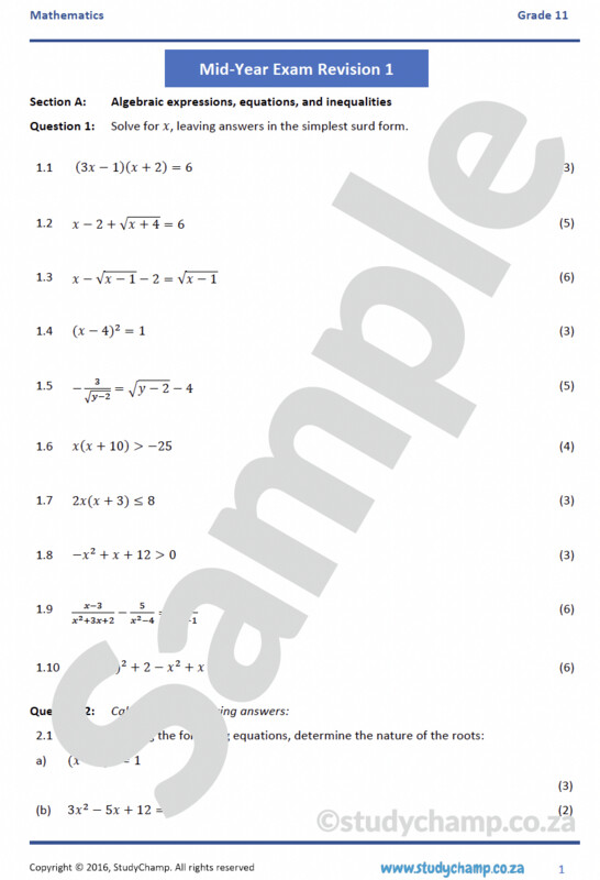 Grade 11 Mathematics Mid-Year Exam Revision: Workbook 1