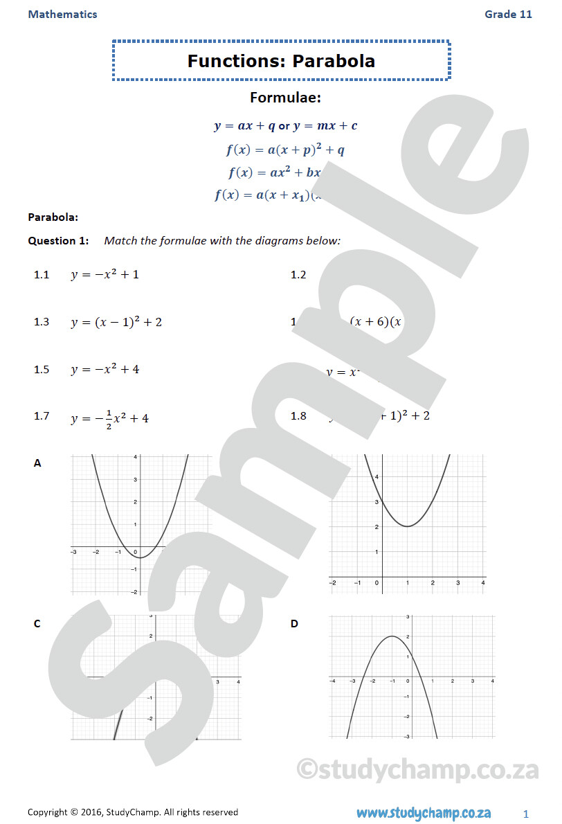Grade 11 Mathematics Worksheet: Functions - Parabola