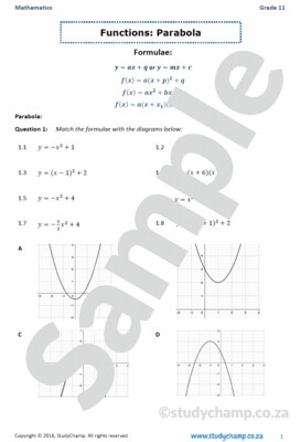Grade 11 Mathematics Worksheet: Functions - Parabola