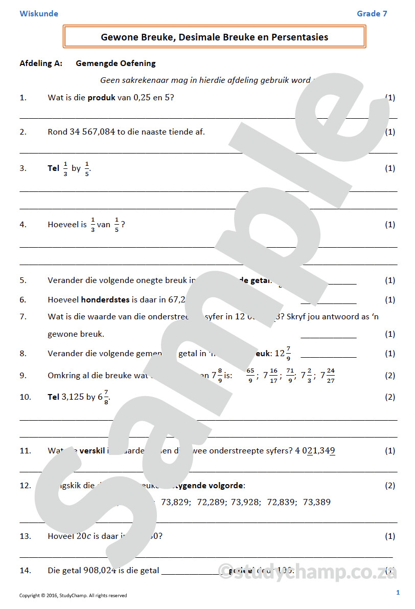 Graad 7 Wiskunde Halfjaar Hersiening: Werkboek 2