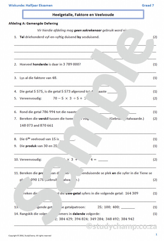 Graad 7 Wiskunde Halfjaar Hersiening: Werkboek 1