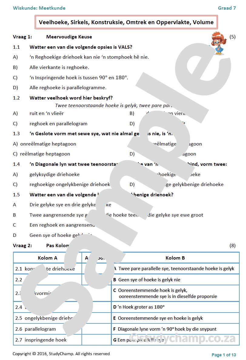 Graad 7 Wiskunde Halfjaar Hersiening: Werkboek 3