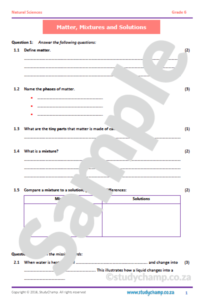 Grade 6 Natural Sciences Test: Matter and Mixtures