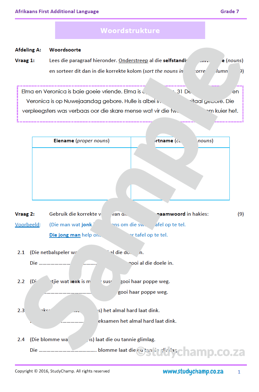 Grade 7 Afrikaans Mid-year Exam Revision: Language