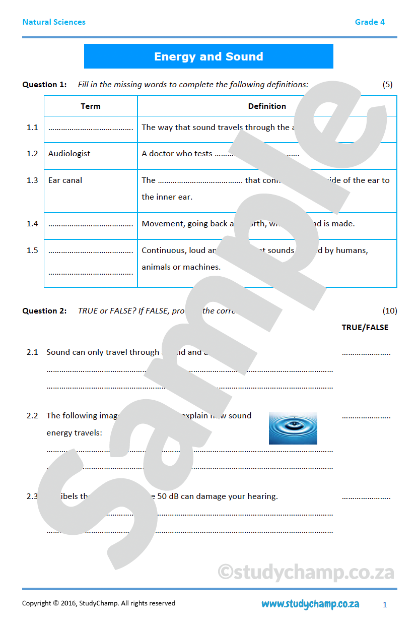 Grade 4 Natural Sciences Test: Energy and Sound