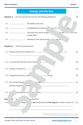 Grade 4 Natural Sciences Test: Energy and the Sun