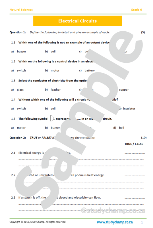 Grade 6 Natural Sciences Test: Electrical circuits