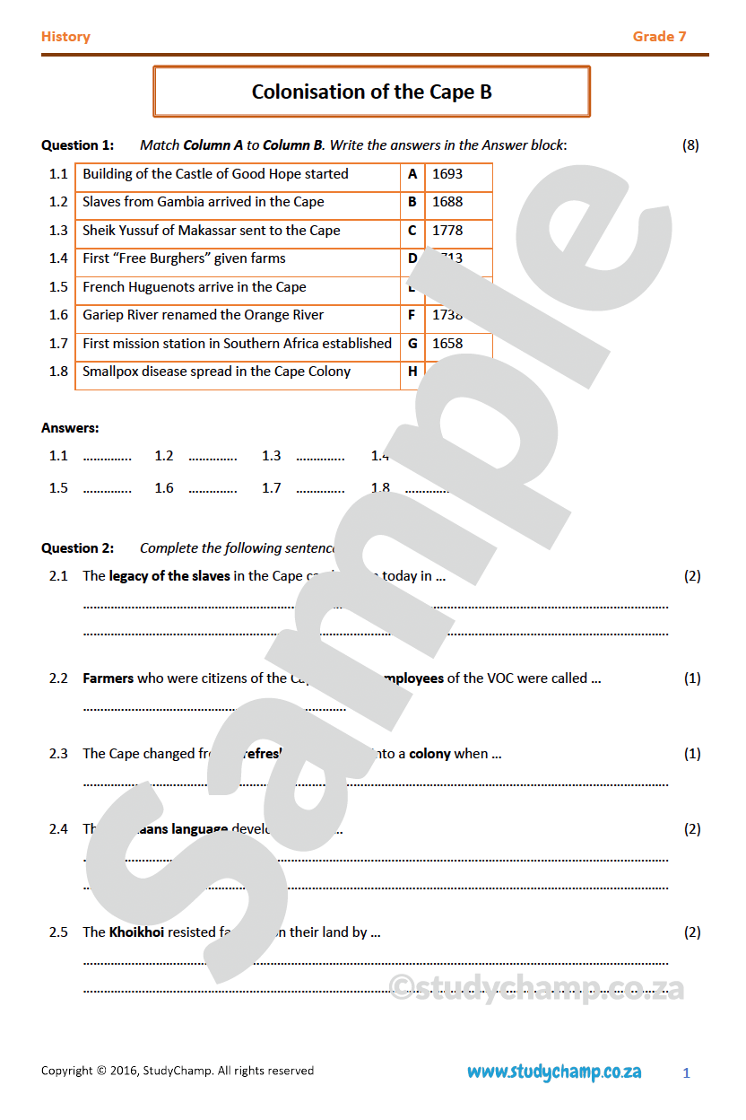 Grade 7 History Test: Cape Colonisation B