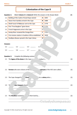 Grade 7 History Test: Cape Colonisation B