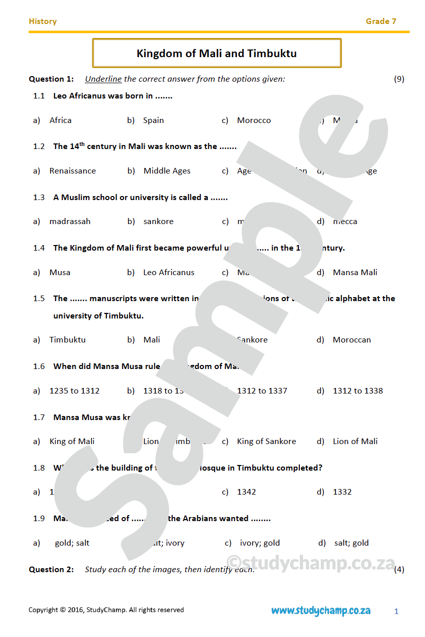 Grade 7 History Test: Kingdom of Mali and Timbuktu