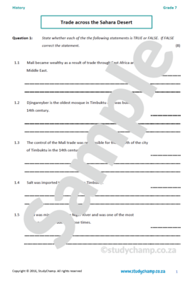 Grade 7 History Test: Trade across the Sahara Desert