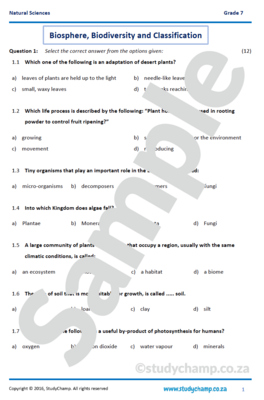 Grade 7 Natural Sciences Test: Biosphere, biodiversity and classification