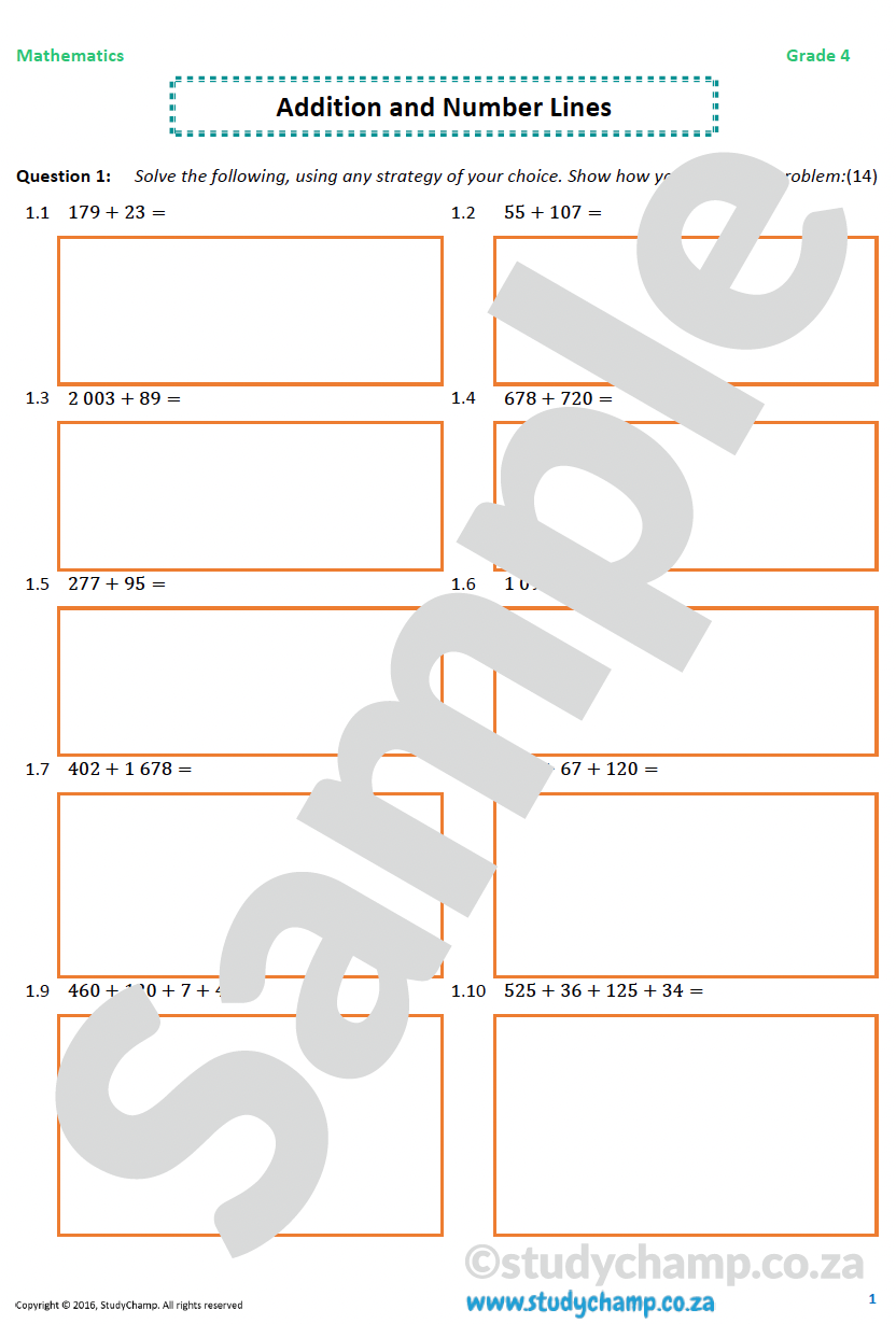 Grade 4 Mathematics worksheet: Addition, Number lines and Problem solving