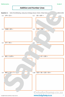 Grade 4 Mathematics worksheet: Addition, Number lines and Problem solving