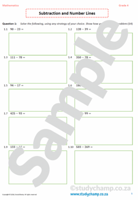 Grade 4 Mathematics worksheet: Subtraction, Number lines and Problem solving