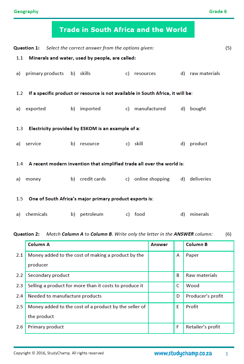 Grade 6 Geography Test: Trade in South Africa and the World