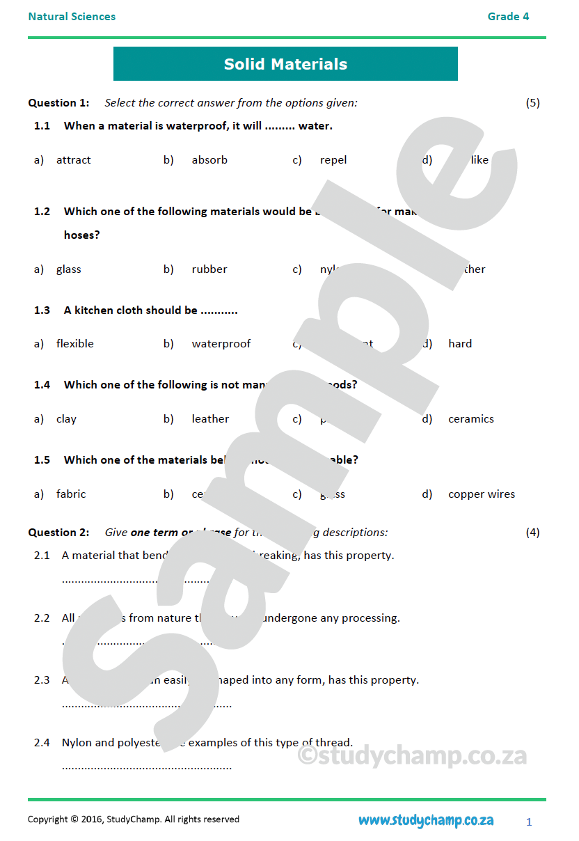 Grade 4 Natural Sciences Test: Solids and Properties of Materials