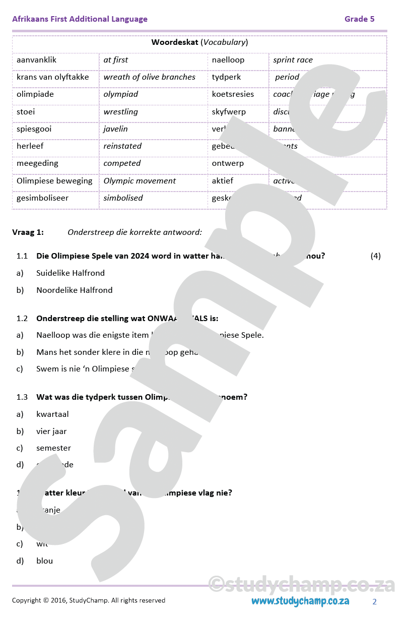 Grade 5 Afrikaans Mid-year Exam: Language workbook