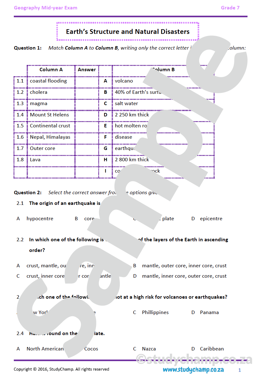 Grade 7 Geography Mid-year Exam Revision: Earth's surface and Natural disasters