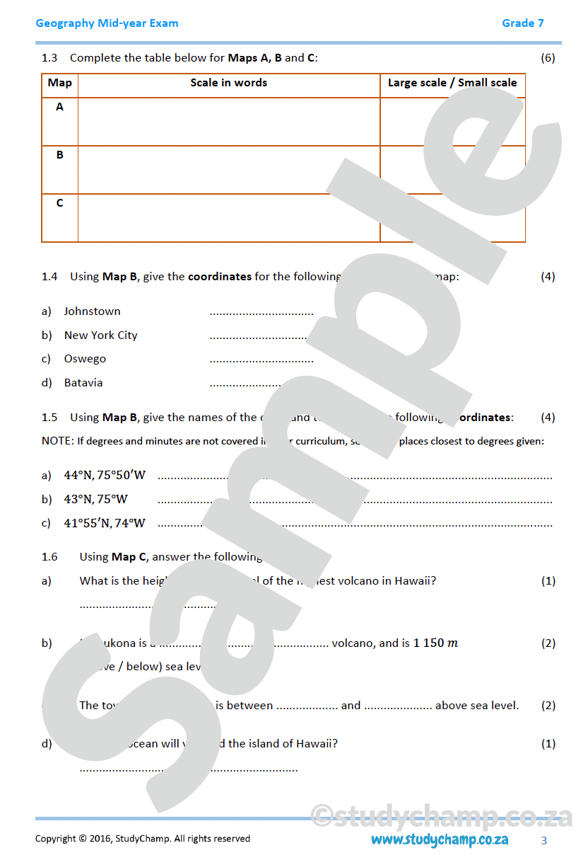 Grade 7 Geography Mid-year Exam Revision: Map Skills