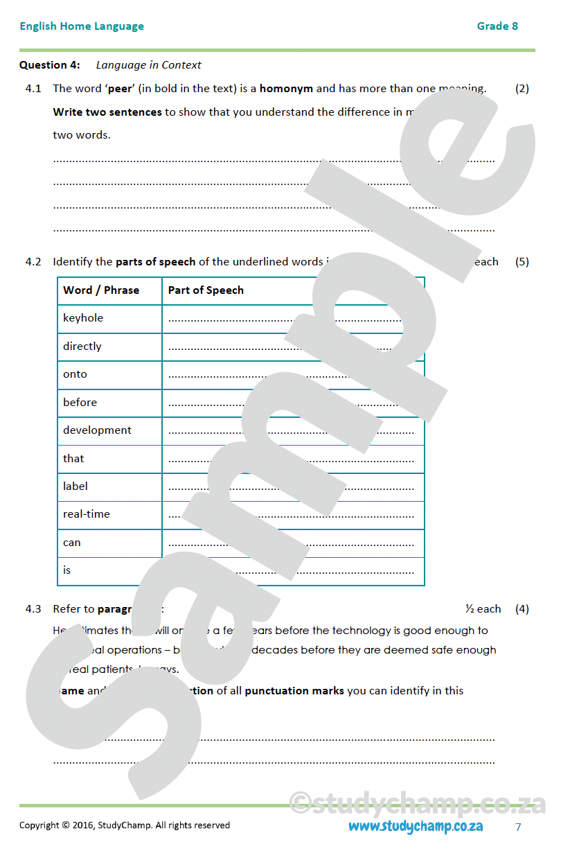 Grade 8 English Mid-year Exam Revision: Comprehension and Language