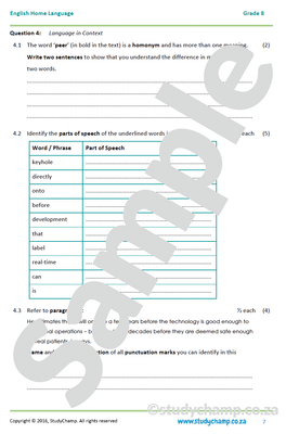 Grade 8 English Mid-year Exam Revision: Comprehension and Language