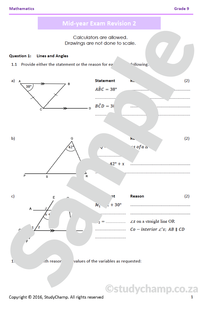 Grade 9 Mathematics Mid-year Exam Revision 2